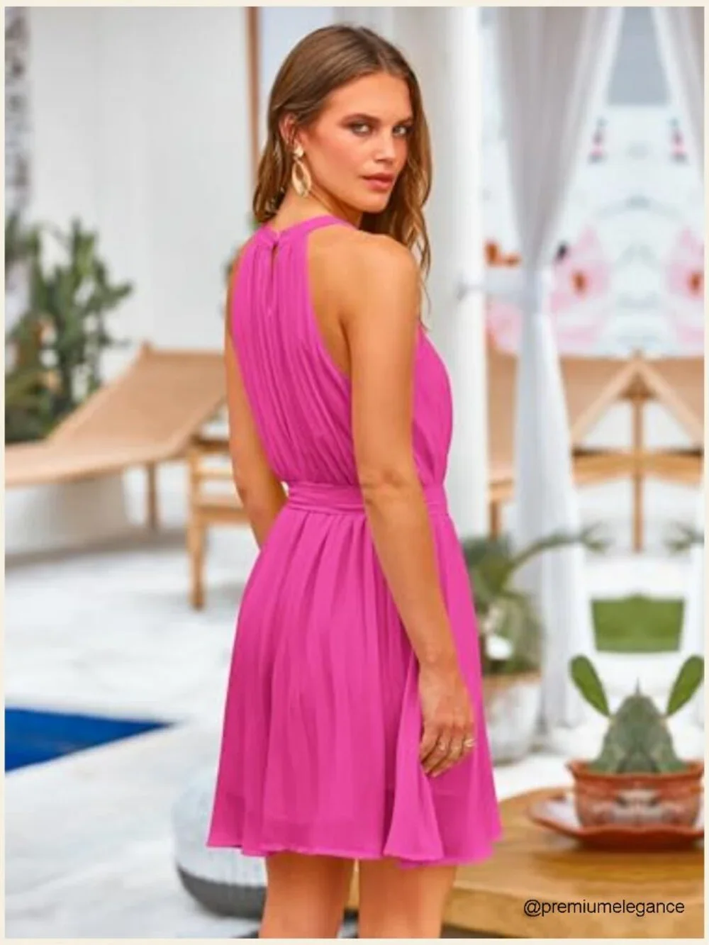 Halter Neck Mini Dress Flowy Pleated Sundress Casual Beach Wedding Guest - Picture 4 of 7